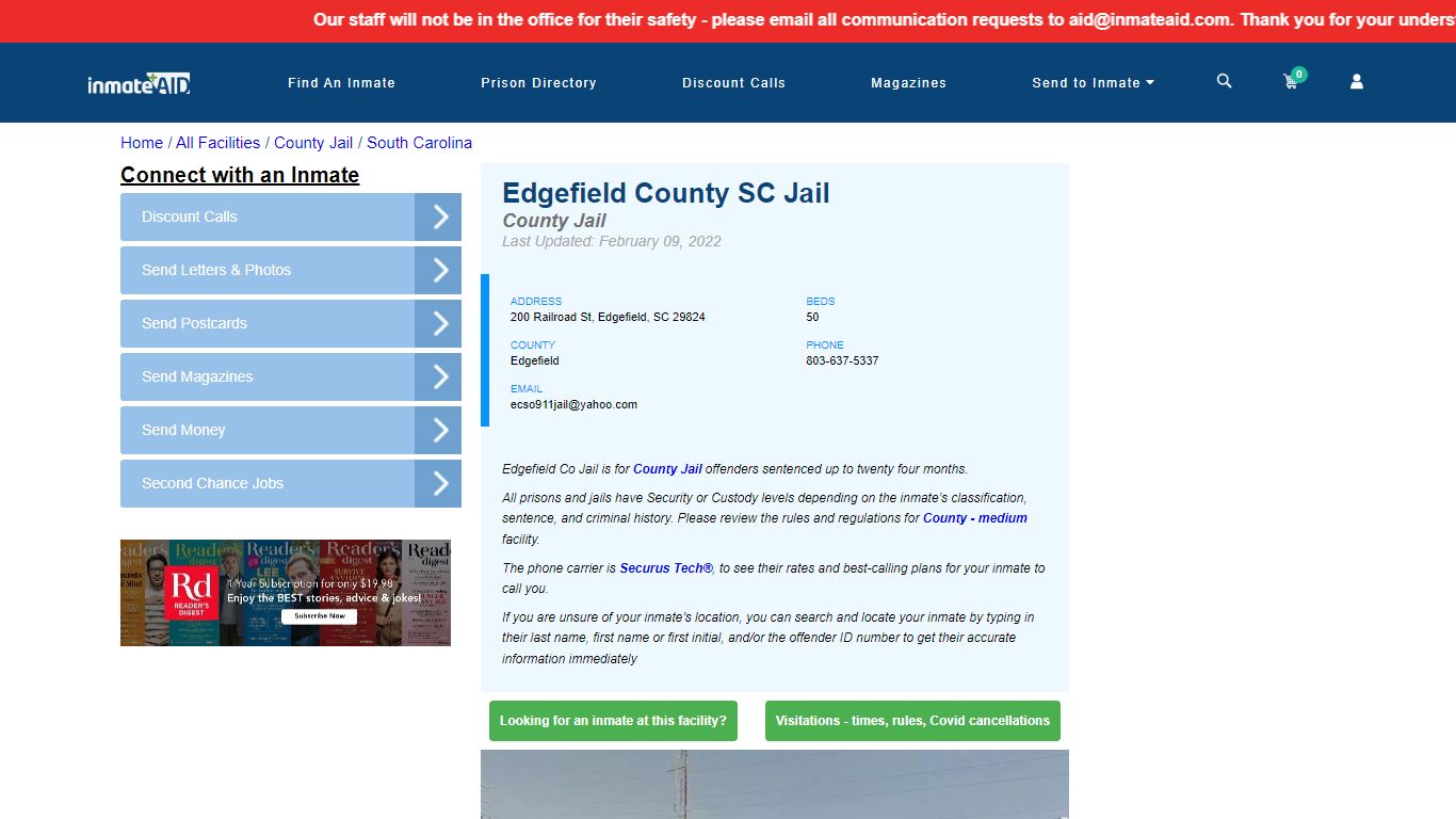 Edgefield County SC Jail - Inmate Locator - Edgefield, SC