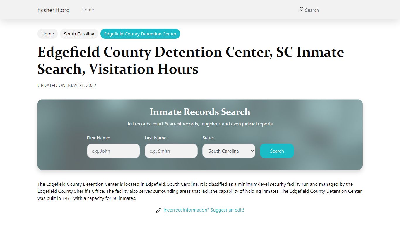 Edgefield County Detention Center, SC Inmate Search ...