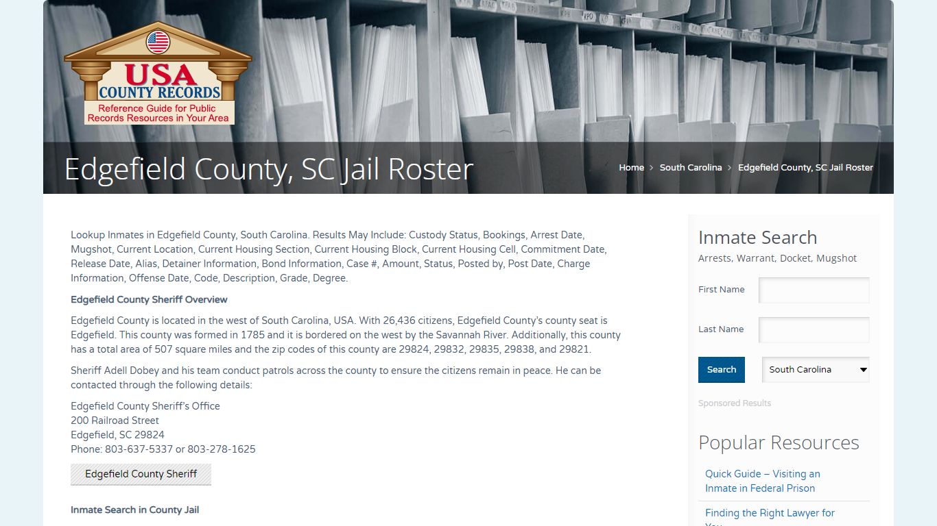 Edgefield County, SC Jail Roster | Name Search